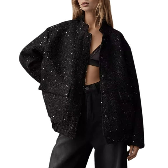 Womens Jacket Trendy Casual Stand Collar With Sparkling Sequins Embroidery Fashion Women'S Coats, Jackets & Vests,Black,L