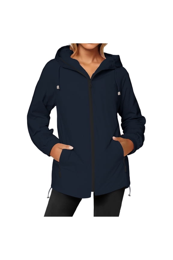 Womens Jacket Trendy Lightweight Hooded Casual Long Sleeve Sporty Outerwear Windbreaker Fall Winter Coats for Women,Navy,M