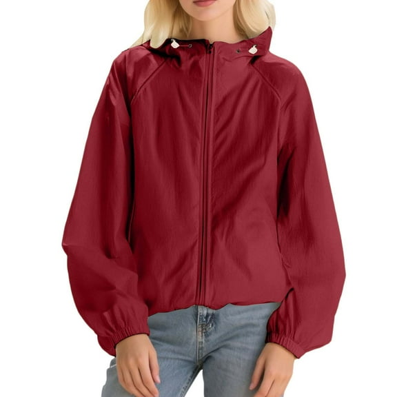 Womens Jacket Trendy Outdoor Hooded Thin Cool Breathable Loose Couple'S Sun Protection Solid Plus Size Fall Winter Women's Coats,Red,XL