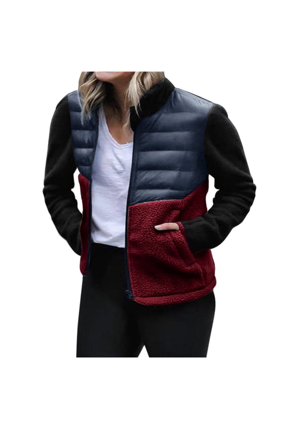 Womens Jacket Trendy Patchwork Contrast Down Lightweight Slim Fit With Pockets Zip Quilted Fall Coats for Women,Red,L