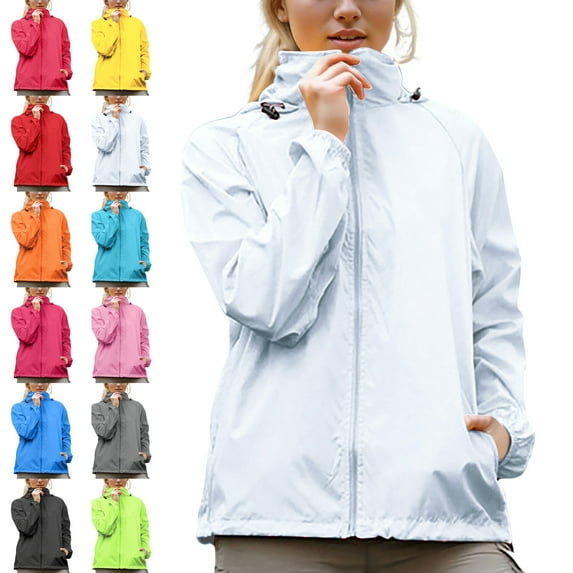 Womens Jacket Waterproof Raincoat Lightweight Solid Color Jackets Windproof Hooded Jacket with Pockets,Women's Rain Hood Windbreaker Jackets Sun Hoodie Light Raincoats With Storage Bag