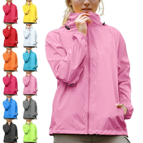 Womens Jacket Waterproof Raincoat Lightweight Solid Color Jackets Windproof Hooded Jacket with Pockets,Women's Rain Hood Windbreaker Jackets Sun Hoodie Light Raincoats With Storage Bag
