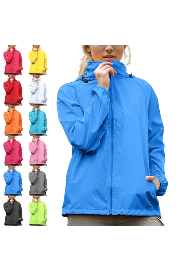 Womens Jacket Waterproof Raincoat Lightweight Solid Color Jackets Windproof Hooded Jacket with Pockets,Women's Rain Hood Windbreaker Jackets Sun Protective Clothing With Storage Bag