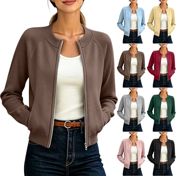Womens Jacket Women's Solid Color Crew Neck Ribbed Raglan Sleeve Zip-Up Jacket Casual Outerwear Brown Xxl