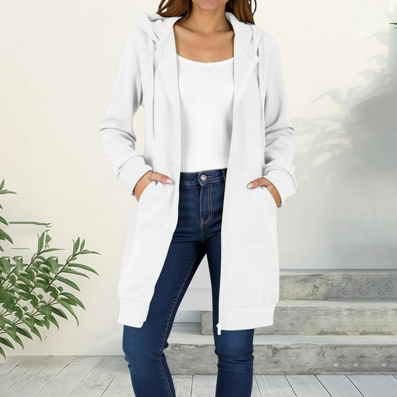 Womens Jacket Zipper Fleece Pocket Thickening Winter Solid Color Casual Long Sleeve Hooded Long Outwear Jacket White S