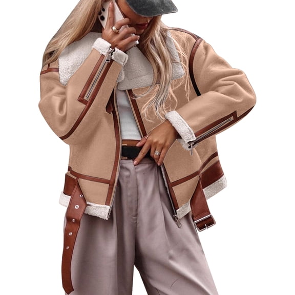 Womens Jacket with Lapel and Thickened Lamb Wool for Warmth White XL