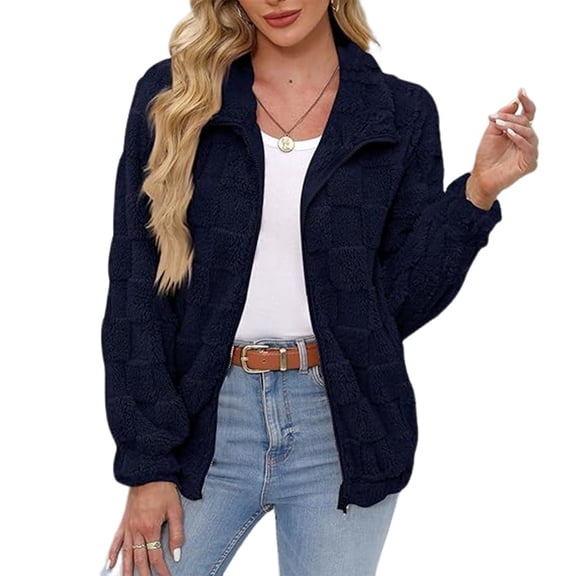 Womens Jacket with Pockets Casual Comfy Plaid Zip Up Jackets Warm Fleece Lined Winter Coats Black L
