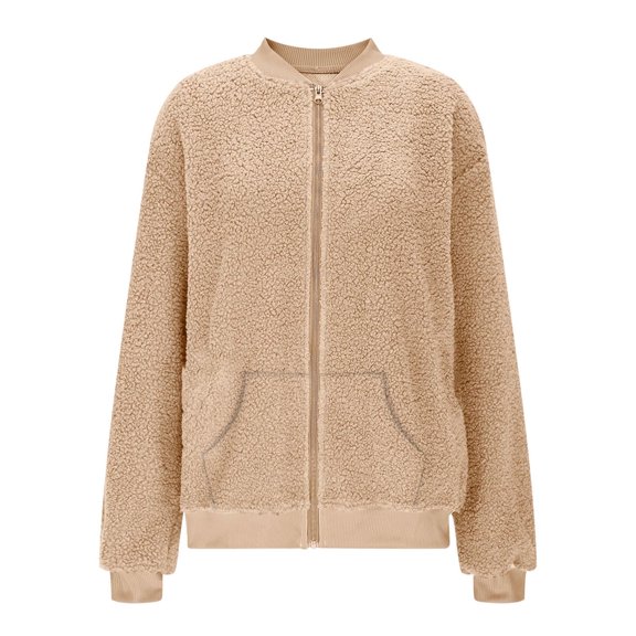 Womens Jackets Casual Dressy New Women's Fleece Jacket Long Sleeve Comfy Casual Fall Coat Zip up Warm Winter Outerwear with Pockets Khaki S