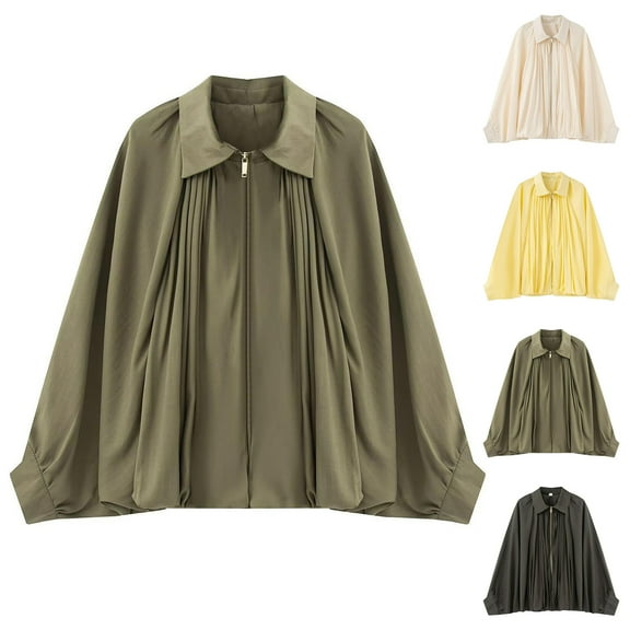 Womens Jackets Casual Puffed Bomber Jacket Oversized Batwing Sleeve Lapel Collar Zip Streetwear Pleated Shirts Fashion Outerwear Yellow M