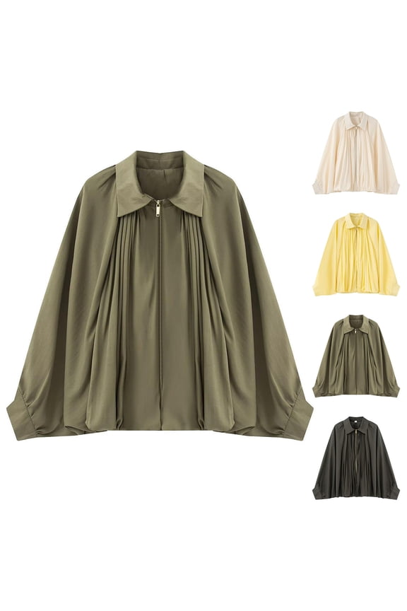Womens Jackets Casual Puffed Bomber Jacket Oversized Batwing Sleeve Lapel Collar Zip Streetwear Pleated Shirts Fashion Outerwear Yellow S