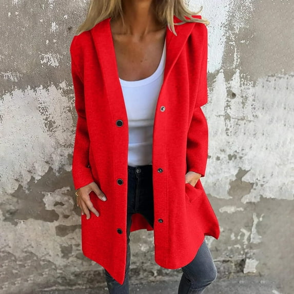 Womens Jackets Casual Single Breasted Hooded Jacket Lapel Neck Long Sleeve Solid Color Trench Coat for Women 2024