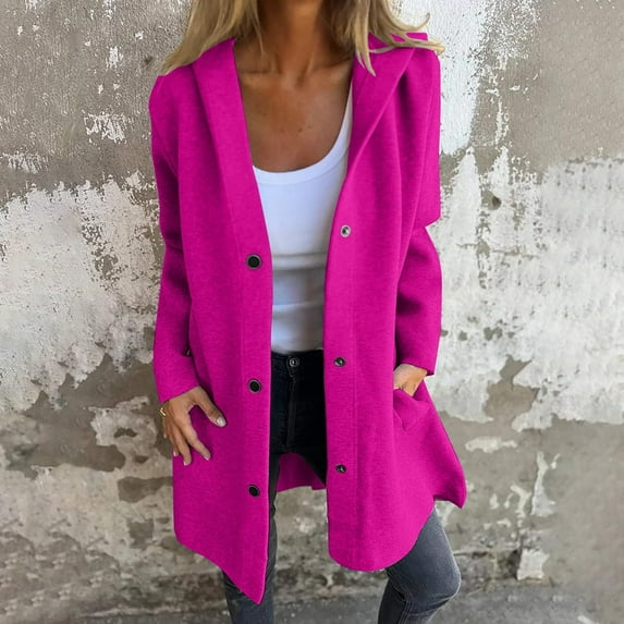 Womens Jackets Casual Single Breasted Hooded Jacket Lapel Neck Long Sleeve Solid Color Trench Coat for Women 2024