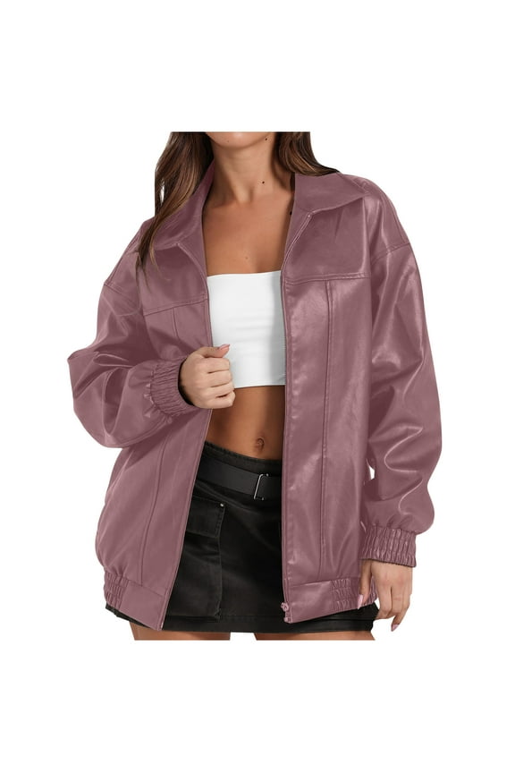 Womens Jackets Casual Solid Lapel Collar Long Sleeve Fashion Leather Jacket Coat Womens Oversized Leather Jackets Fashion Motorcycle Coats Womens Oversized Leather Jackets Zip Up Coats