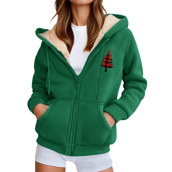 Womens Jackets Christmas Sherpa Lined Thermal Zipper Hoodie Xmas Tree Print Fall Winter Clothing