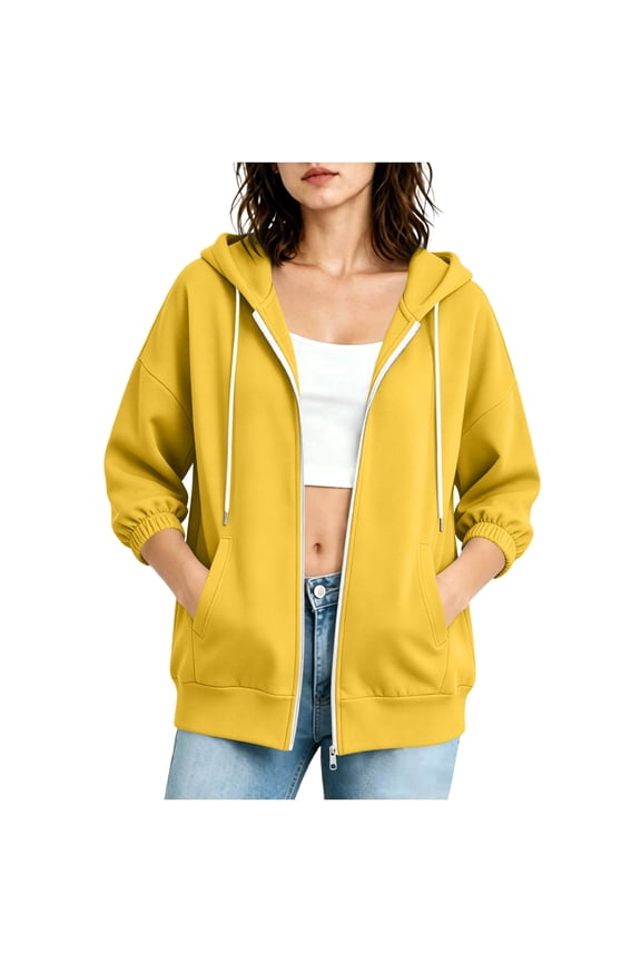 Womens Jackets Cropped Sleeve Zipper Drawstring 3/4 Sleeve Elastic Cuff Jacket