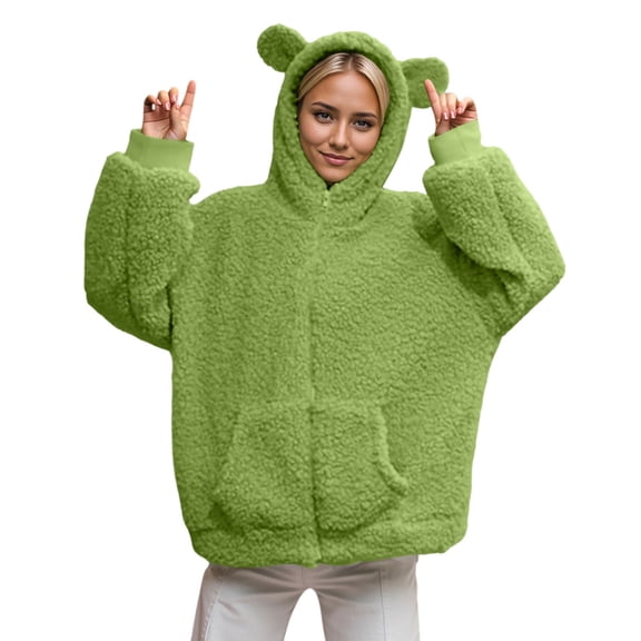 Womens Jackets Cute Bear Ear Zipper Hooded Sweatshirt Solid Fuzzy Fleece Hoodie With Pocket Fall Winter Clothing