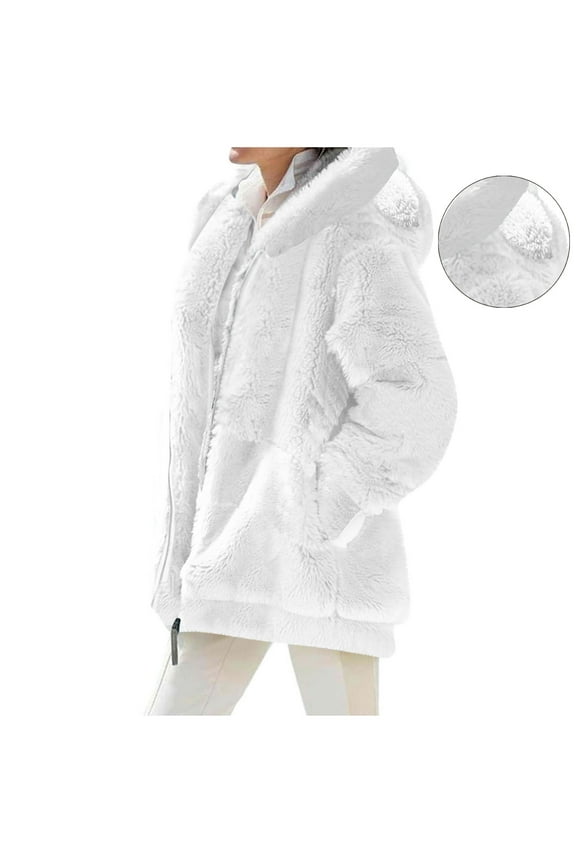 Womens Jackets Fall Fashion New Women Fleece Hooded Jackets Winter Casual Oversized Casual Coats Cardigan Warm Outerwear with Pockets White M