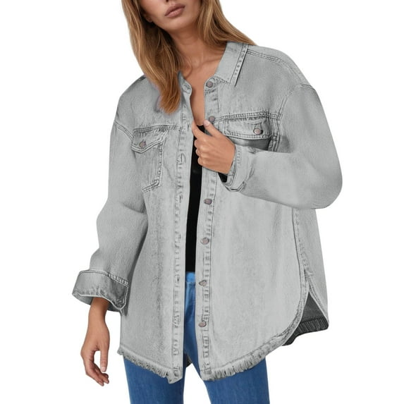 Womens Jackets Fall Jacket Women's Fashion Denim Long Sleeve Button Down Jacket Pure Color Mid Length European & Style