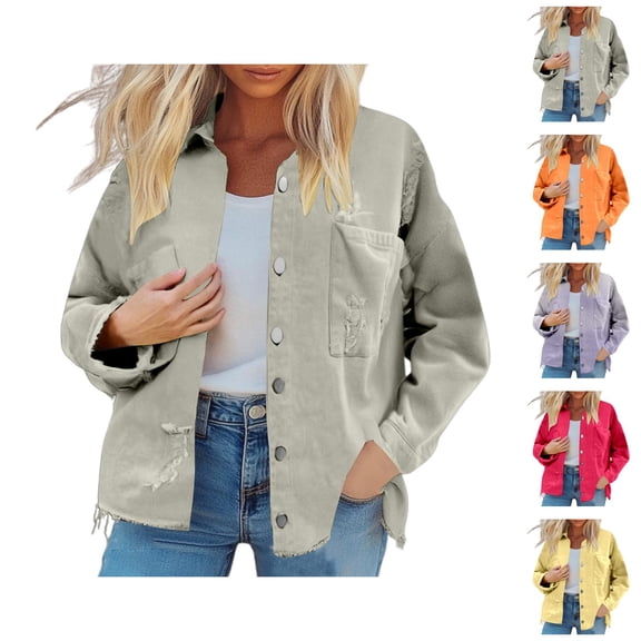 Womens Jackets Fall Jacket Women's Retro Street Style Denim Jacket - With Edges Distressed Details, Casual Autumn Winter Outerwear