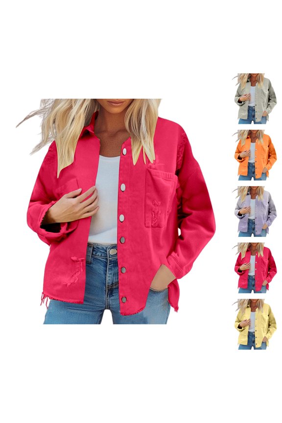 Womens Jackets Fall Jacket Women's Retro Street Style Denim Jacket - With Edges Distressed Details, Casual Autumn Winter Outerwear