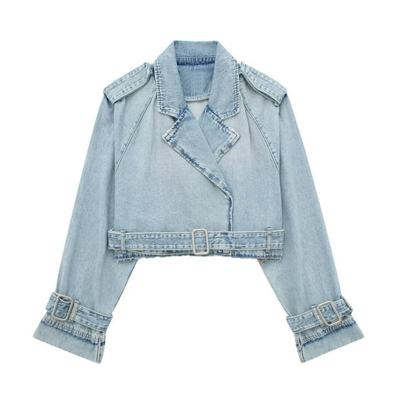 Womens Jackets Fall New Women's Casual Lapel Short Denim Trench Jacket Cropped Long Sleeve Jean Coat Fall Trendy Outerwear with Belt Light Blue M