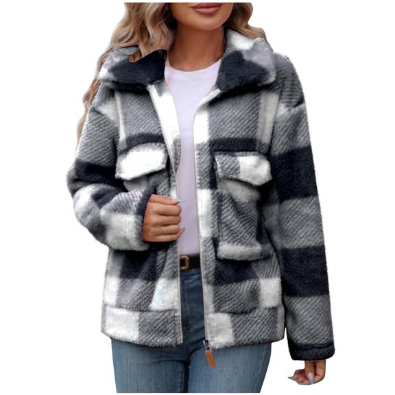 Womens Jackets Fall Plaid Fleece Sherpa Zipper Lapel Coat With Pocket Color Block Warm Winter Outfits