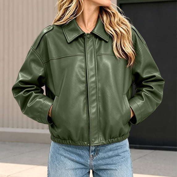 Womens Jackets Faux Leather Zip Up Long Sleeve with Pockets for Trendy Street Style