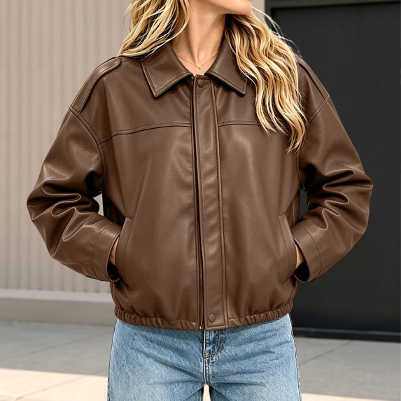 Womens Jackets Faux Leather Zip Up Long Sleeve with Pockets for Trendy Street Style
