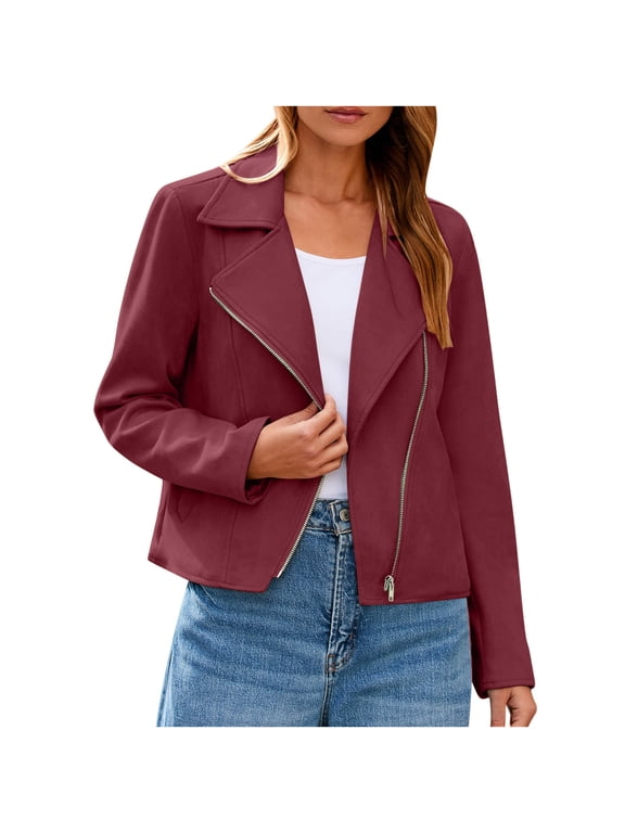 Womens Jackets Faux Suede 2026 Fall Winter Clothes Casual Zipper Cropped Coat Bomber Biker Moto Jackets Outwear (L, Wine)