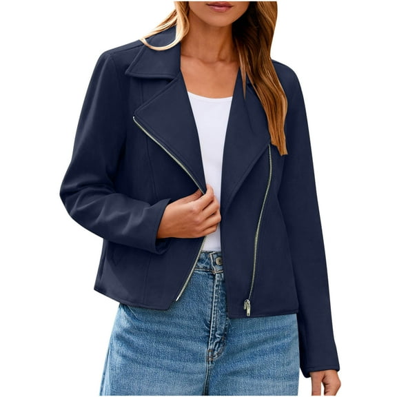 Womens Jackets Faux Suede 2025 Fall Winter Clothes Casual Zipper Cropped Coat Bomber Biker Moto Jackets Outwear (M, Navy)