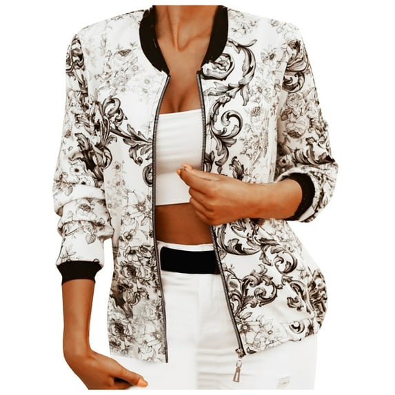 Womens Jackets Floral Print Zip Up Cropped Bomber Long Sleeve Slim Baseball Casual Fall Winter Clothing