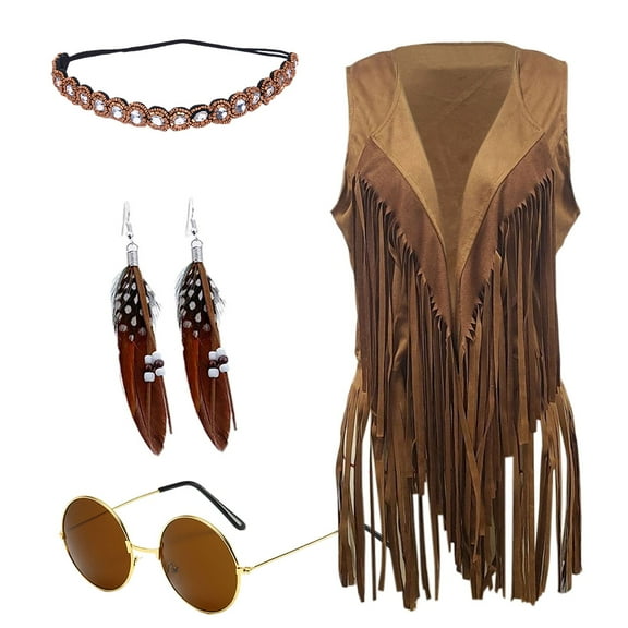 Womens Jackets Hippie Sleeveless Fringe Vest Necklace Eyeglasses Earrings Cardigan Coat Four Piece Set Outwears Coat