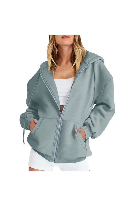 Womens Jackets Hooded Zipper Up Long Sleeve Winter Warm Casual Solid Sweatshirt Coat Gray L
