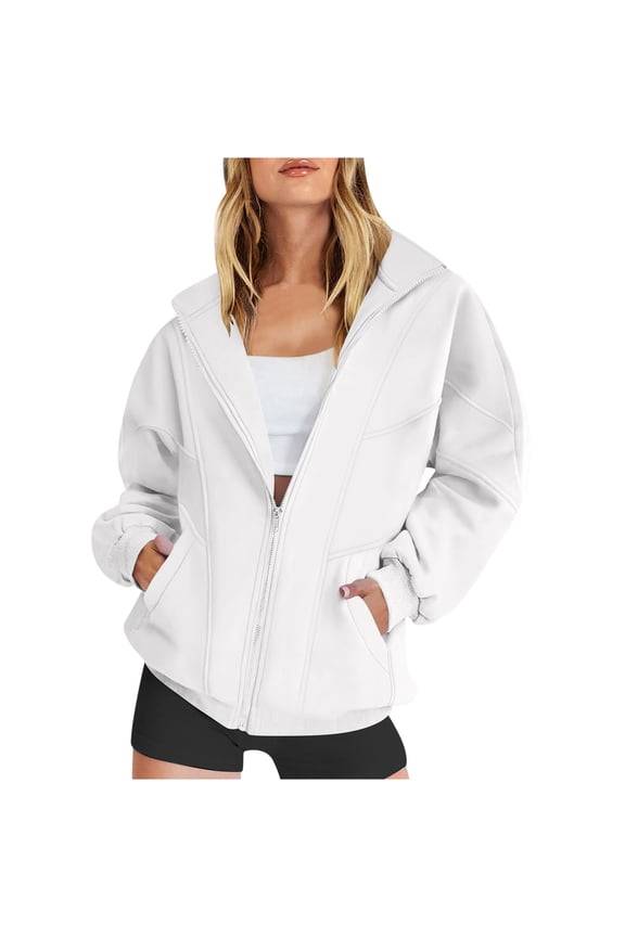 Womens Jackets Lightweight Casual No Hood Full Zipper Up Collar Sweatshirts Coats with Pockets Solid Long Sleeve Fleece Lined Warm Jacket