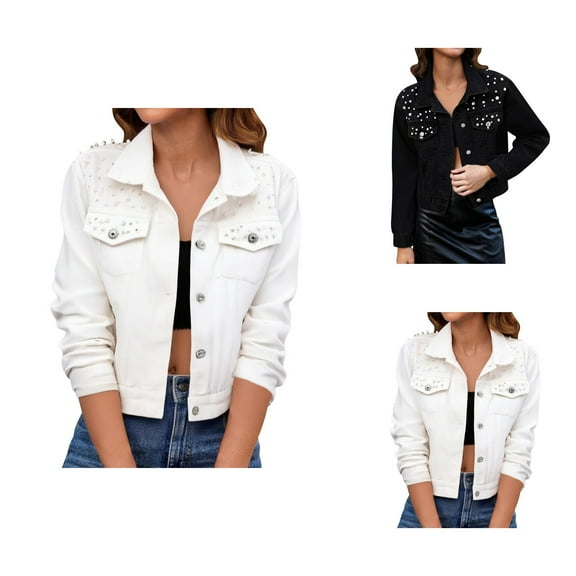 Womens Jackets Lightweight Jacket Women Women's Distressed Denim Jacket - Cropped Jean Jacket With Pearl Embellishments, Casual Fall Winter Outerwear