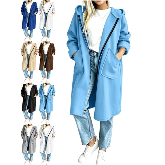 Womens Jackets Long Length Hooded Long Sleeve Pocket Zip-up Jacket