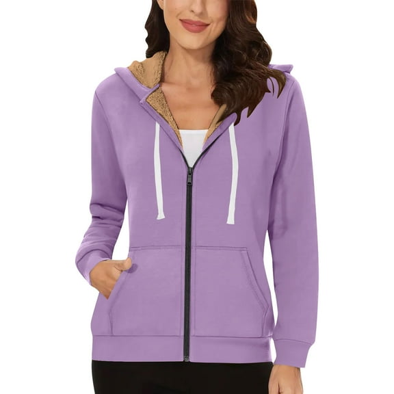 Womens Jackets Long Sleeve Hoodies Warm Fleece Lined Zip Hooded Sweatshirt with Pocket Fall Outfits Casual Comfy Y2K Tops Winter Clothes 2025 Purple S-3XL