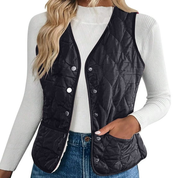 Womens Jackets Oversize Quilted Vest Solid Button Down Warm Lined Sleeveless Winter Outfits
