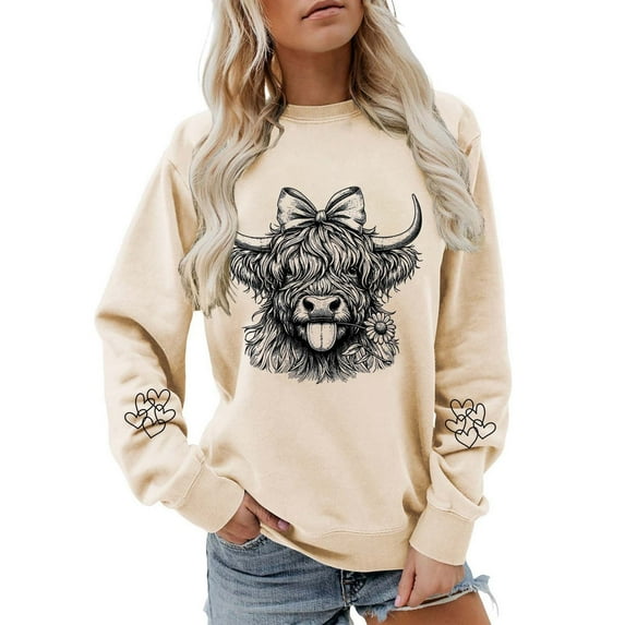 Womens Jackets Oversized Sweatshirts Winter Cow Printed Drop Shoulder Long Sleeve Hoodless Pullover Crew Neck Hoodies 2025 Fashion Pullover Top Y2K Outfits Beige-L