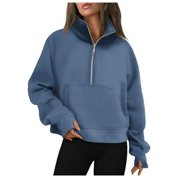 Womens Jackets Oversized Sweatshirts Winter Half Zipper Short Stand Collar Plus Solid Color Long Sleeve Loose Hoodies 2025 Fashion Pullover Top Y2K Outfits Blue-L