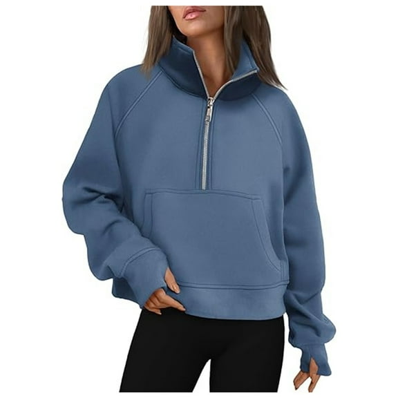 Womens Jackets Oversized Sweatshirts Winter Half Zipper Short Stand Collar Plus Solid Color Long Sleeve Loose Hoodies 2025 Fashion Pullover Top Y2K Outfits Blue-L