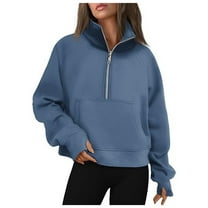 Womens Jackets Oversized Sweatshirts Winter Half Zipper Short Stand Collar Plus Solid Color Long Sleeve Loose Hoodies 2025 Fashion Pullover Top Y2K Outfits Blue-L