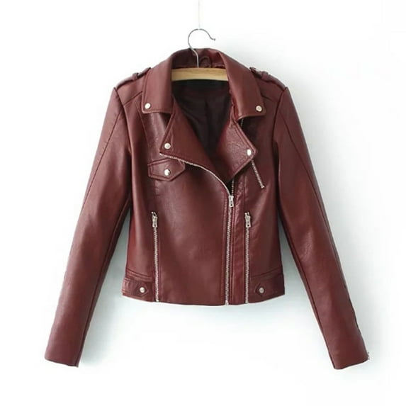 Womens Jackets Plus Size Clearance Long Sleeve Leather Lapel Zipper Casual Solid Color Jacket