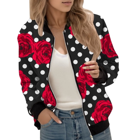 Womens Jackets Polka Dot Floral Zipper Bomber Fashion Long Sleeve Windbreaker Outerwear Trendy Clothes