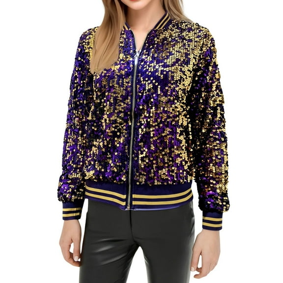 Womens Jackets Sequin Baseball Jacket Long Sleeve Front Zip Bomber Blazer Glitter Coats