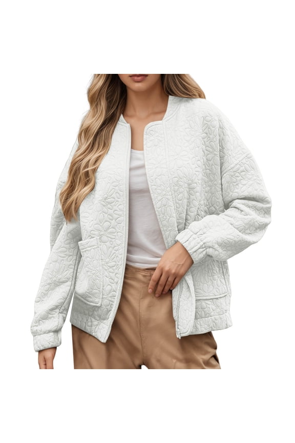 Womens Jackets Spring Button Up Bomber Jackets Cute Dressy Casual Jacquard Coats Lightweight Relaxed Fit White L