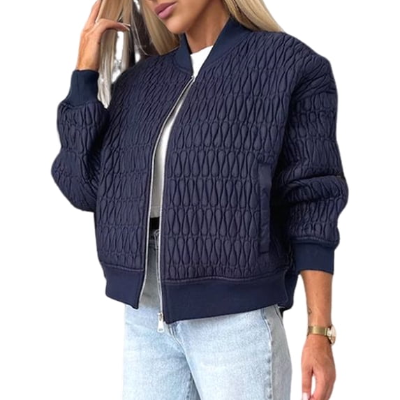 Womens Jackets Spring Fashion Cute Jacquard Coats Zip Up Jackets Dressy Casual Dark Blue L
