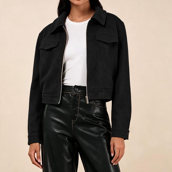 Womens Jackets Suede Zip Up Collared Long Sleeve with Pockets for Stylish Daily Look