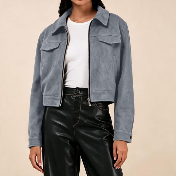 Womens Jackets Suede Zip Up Collared Long Sleeve with Pockets for Stylish Daily Look