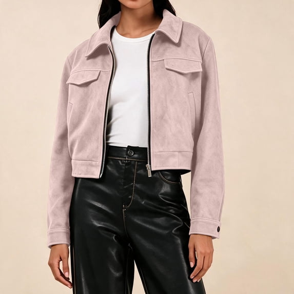 Womens Jackets Suede Zip Up Collared Long Sleeve with Pockets for Stylish Daily Look